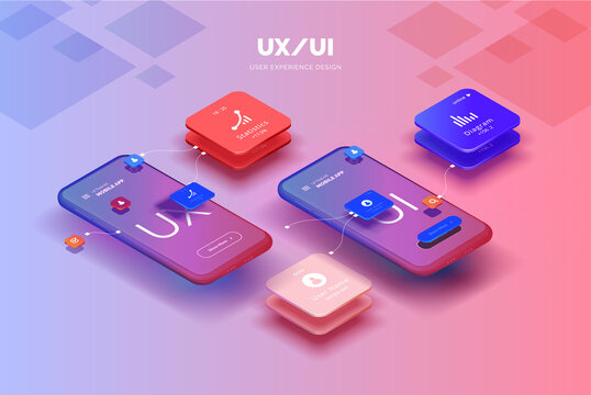 Toolkit-UI/UX scene creator. Mobile application design. Smartphone mockup with active blocks and connections. Creation of the user interface. Modern vector illustration isometric style