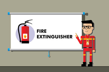 Safety Manager on presentation training of Fire Extinguisher. Construction and industrial work.