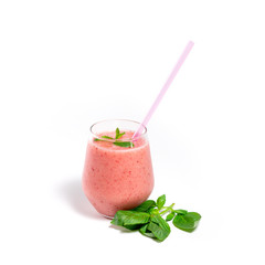 Homemade smoothies with frozen strawberries in a glass on a background. Diet control and weight loss. Sqiare format