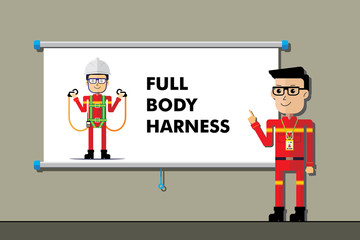 Safety manager on presentation training of wearing full body harness as a working at height personal protective equipment. Flat style cartoon. Industrial and construction