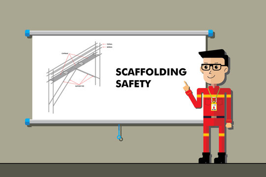Flat style cartoon of safety manager on presentation training of scaffolding safety. Industrial and construction.