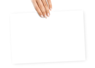 Blank paper card. Hand holding blank business paper card isolated on white background. Banner with...
