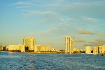 Miami downtown and beach at sun set	
