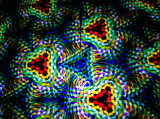 3D rendering or 3D rendering. Kaleidoscopic image. Symmetry with colored lights on a black background.