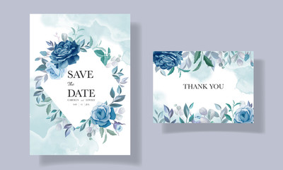 Blue wedding invitation template set with beautiful floral frame and border decoration