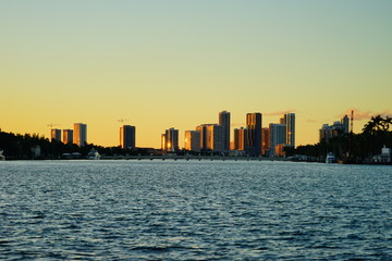 Miami downtown and south beach at sun set	