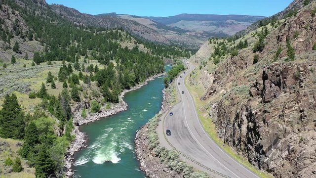 aerial view over the Yellowstone river in Montana 