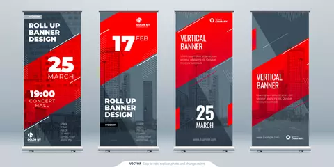 Foto op Canvas Red Business Roll Up Banner. Abstract Roll up background for Presentation. Vertical roll up, x-stand, exhibition display, Retractable banner stand or flag design layout for conference, forum. © great_bergens