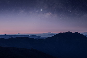 Stars and Milky Way in the dark night sky on the mountains of northern Thailand.
