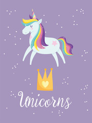 unicorn magic fantasy cartoon rainbow tail mane gold crown card