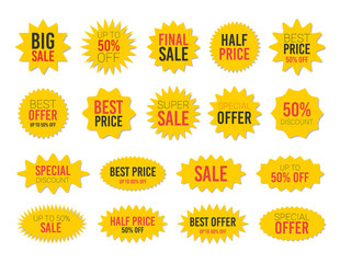 Yellow sale starburst sticker set - collcetion of stared labels and badges with best offer and discount signs.