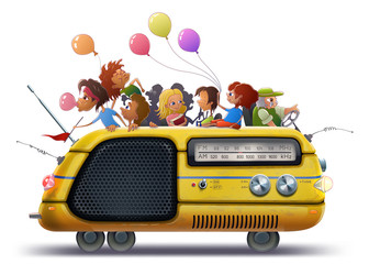 Back to school illustration with kids on yellow bus as radio isolated over white background in vector.