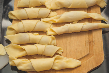 Dough for the croissants with jam. baking preparation. pastry cooking
