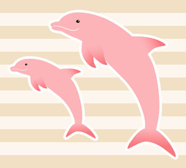 仲良しなピンクイルカの親子【白フチ】