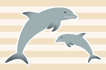 仲良く泳ぐイルカの親子【白フチ】