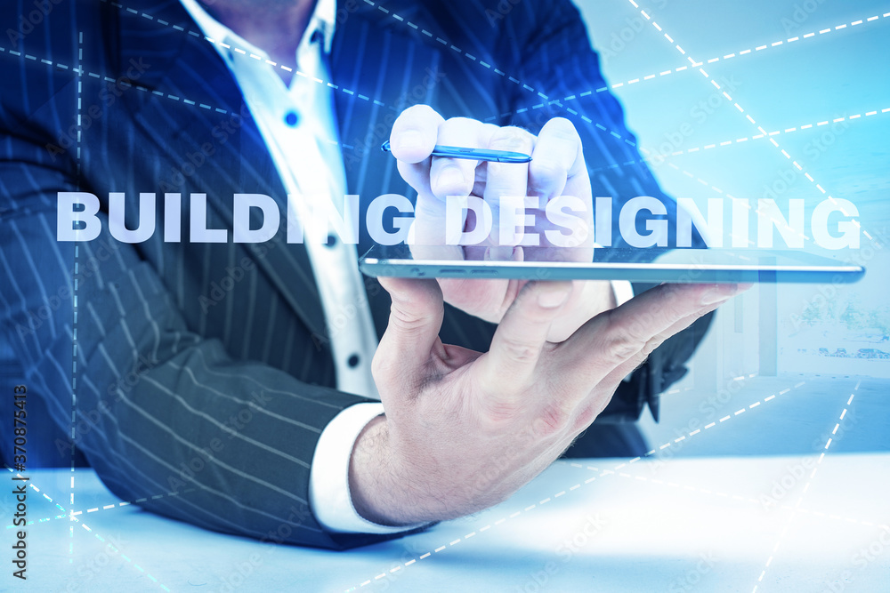 Poster building designing. building designer is holding a smartphone. concept - construction designing with