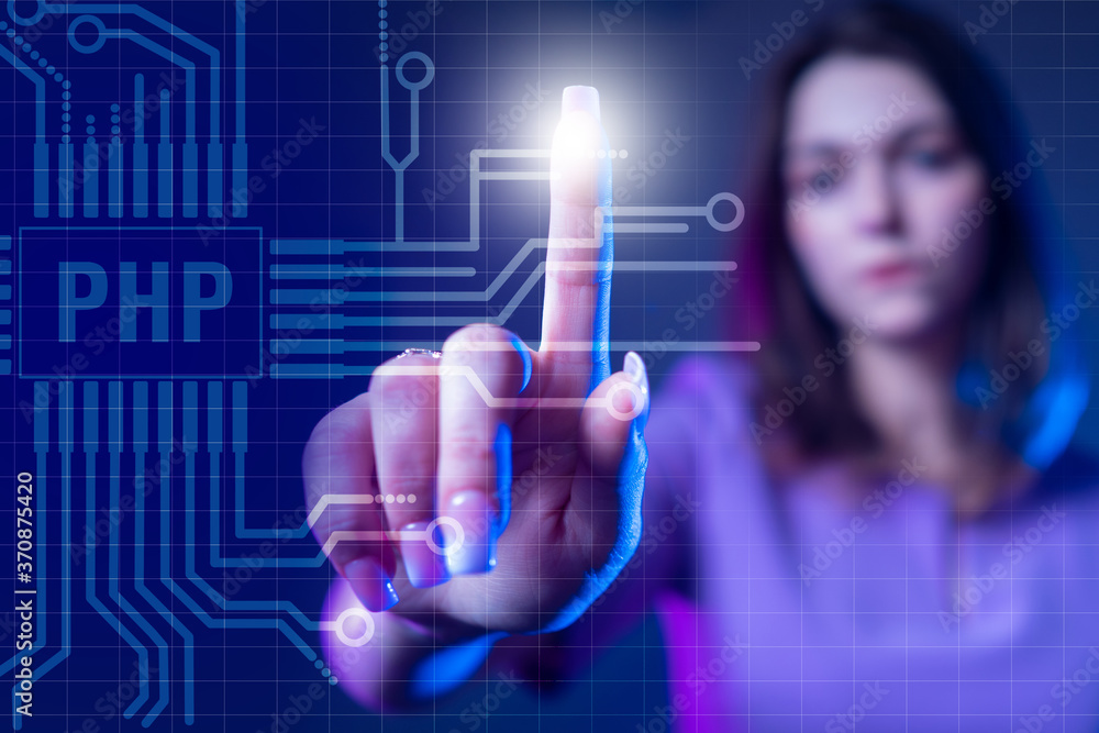 Poster php developer. php logo on a virtual screen. girl works a progra