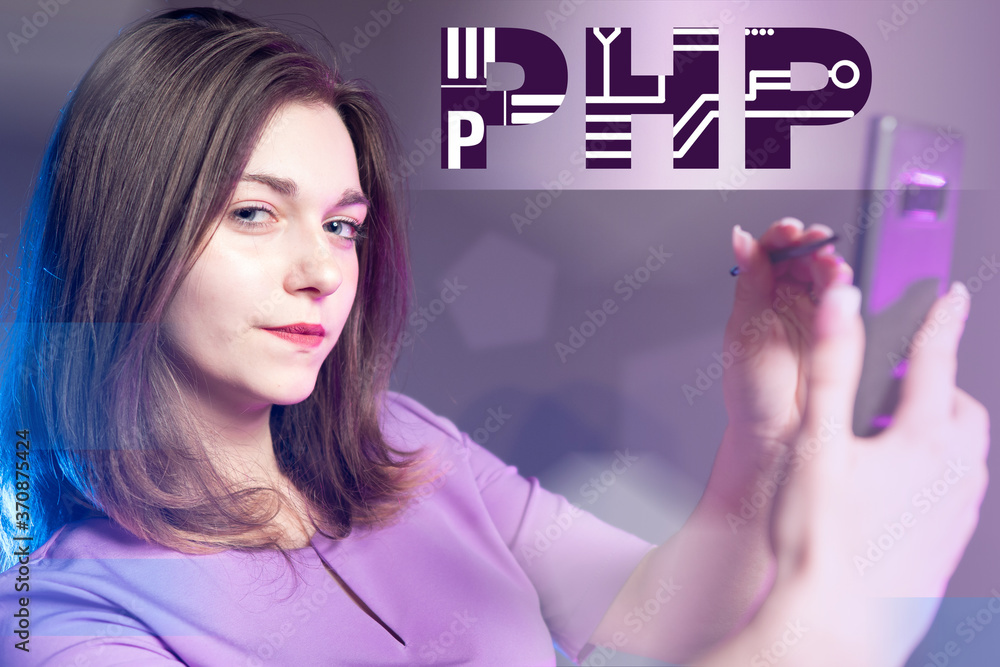 Poster php coding. girl is learning php. student holds a phone in her h