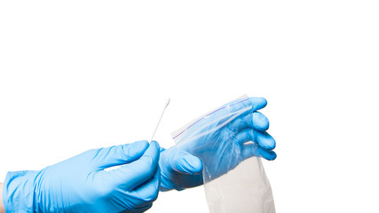 doctor hand in blue sterile glove holds sealed bag and give cotton swab for sampling smear analysis from oral cavity for virus test, mock up medical theme isolated on white background with copy space.