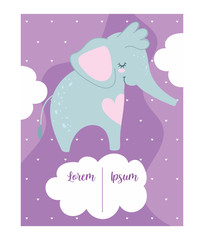 Fototapeta premium baby shower, cute elephant clouds cartoon, purple background theme invitation card