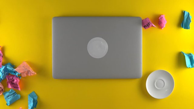 Tired office worker throws away post in papers from work place, finish work