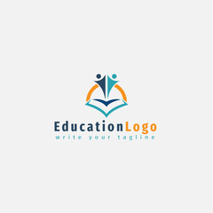 Education logo concept for tow happy kids stand on books as background sun symbol, education symbolic logo vector design