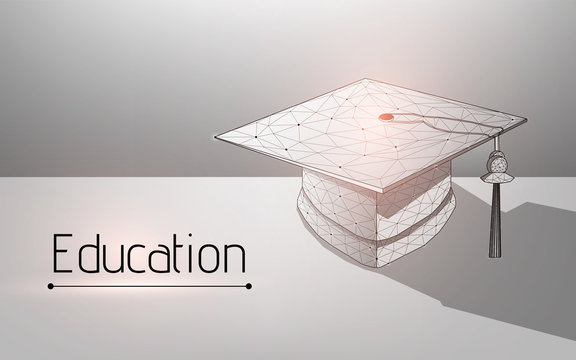 book and graduation cap. the concept of teaching and acquiring knowledge in courses, studies. advanced training, graduation, completion of training.isolated,plexsus, wireframe, vector,low poly,dots