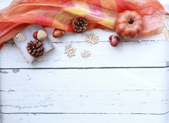 Fall themed image with large copy space and fall-themed items arranged on the top