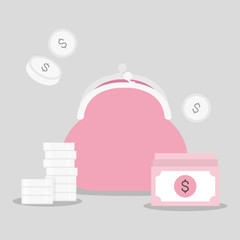 Pink purse and money vector illustration.