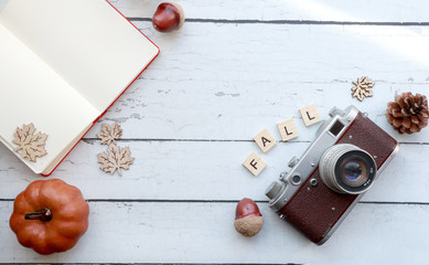 top view of fall-themed elements on a rustic wood surface: vintage camera, open notebook, letters, pumpkin, pinecones, acorns and a scarf with copy space.  diagonal arrangement - Powered by Adobe