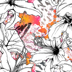 Floral Black White Pattern. Modern Watercolor