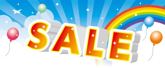 Fototapeta premium インパクトのあるセールのデザイン文字と空と虹の背景イラスト