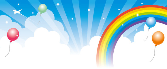 鮮やかな風船と空と虹の背景イラスト