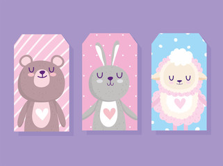 baby shower, cute little sheep bear and rabbit animals cards cartoon