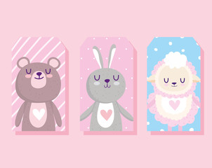 baby shower, cute rabbit sheep and bear cartoon celebration card