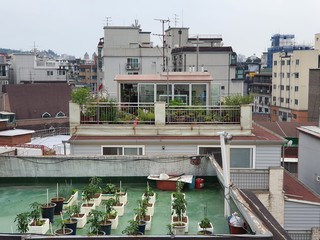 Arial view of old Seoul houses. Packed houses in south Korea and roof top garden view.