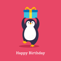 Birthday card penguin with gift box. Holidays postcard cartoon flat greeting. Funny happy abstract animal character. Cute hand drawn penguin, surprise banner for kids. Isolated vector illustration