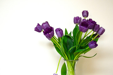 Fototapeta na wymiar Bouquet of purple tulips in glass vase on a table with space on the side for text