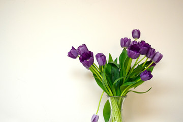 Bouquet of purple tulips in glass vase on a table with space on the side for text