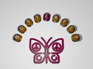 butterfly icon surrounded by the text of individual letters. 3D illustration. background and beautiful