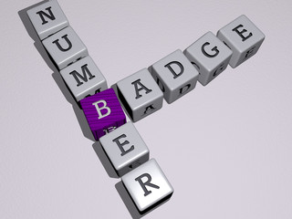 BADGE NUMBER crossword by cubic dice letters. 3D illustration. design and background