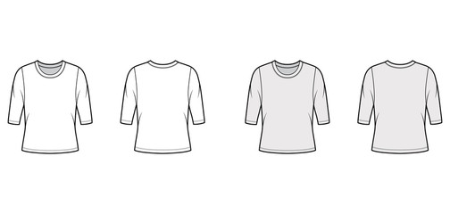 Crew neck jersey sweater technical fashion illustration with elbow sleeves, oversized body. Flat outwear apparel template front, back white grey color. Women, men unisex shirt top CAD mockup