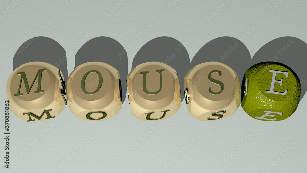 Aufkleber mouse text by cubic dice letters. 3d illustration. background and computer