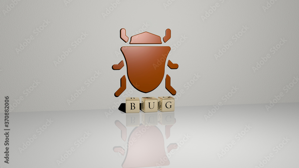 Poster bug text of cubic dice letters on the floor and 3d icon on the wall. 3d illustration. background and