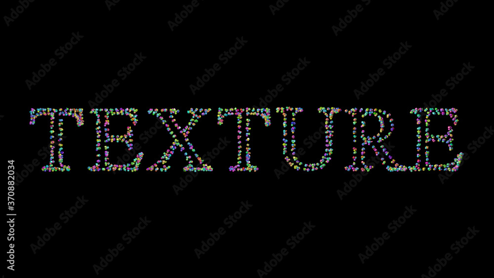 Poster colorful 3d writing of texture text with small objects over a dark background and matching shadow. a