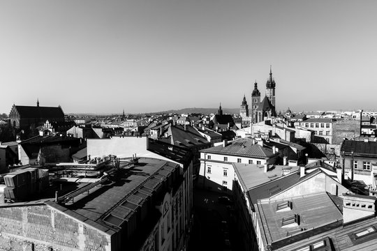 Top view of the old city of Krakow, Poland. Black and white photo.