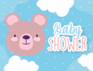 baby shower, cute bear face animal cartoon, clouds dots background theme invitation card