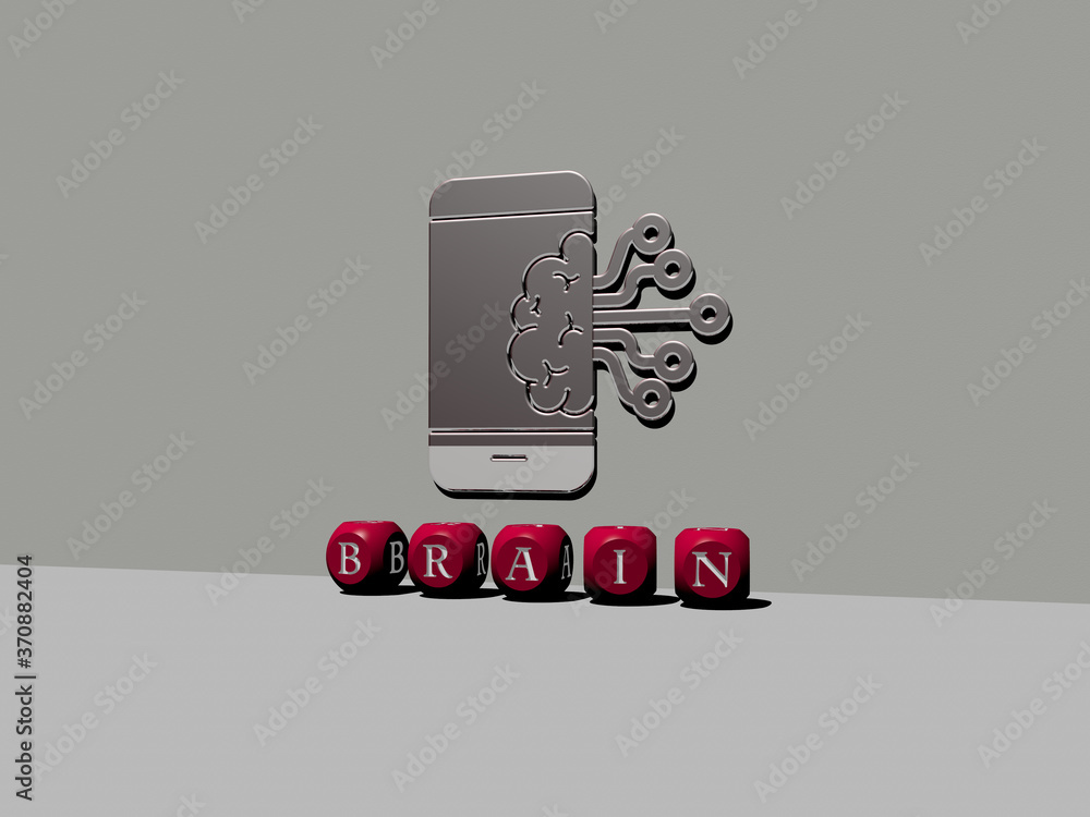 Poster 3d graphical image of brain vertically along with text built by metallic cubic letters from the top 