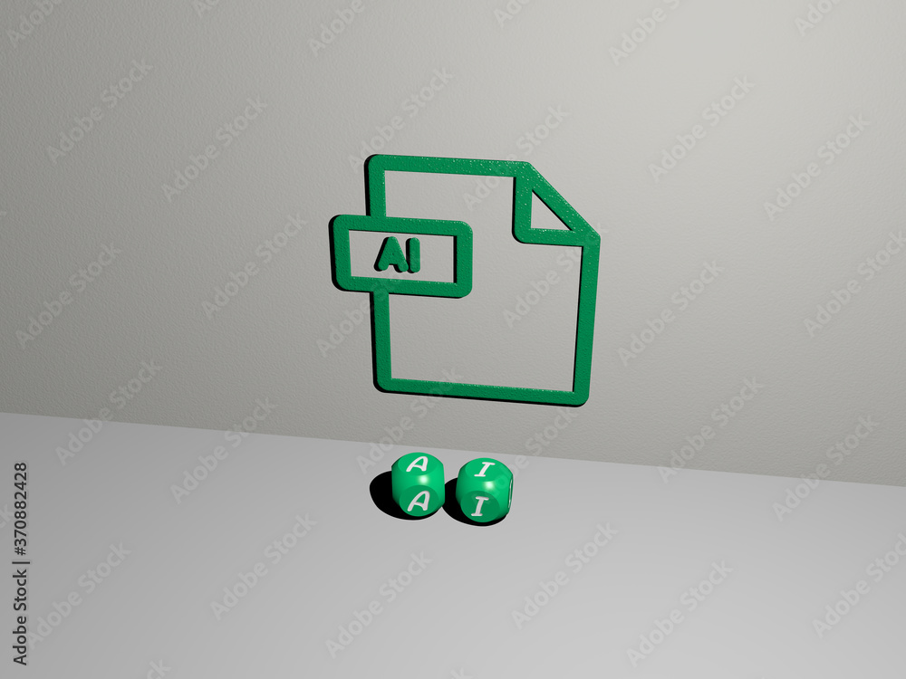 Poster 3d representation of ai with icon on the wall and text arranged by metallic cubic letters on a mirro