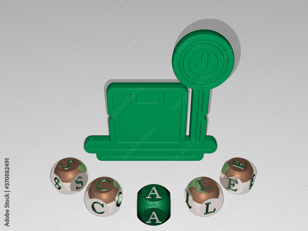 Poster scale round text of cubic letters around 3d icon. 3d illustration. background and design